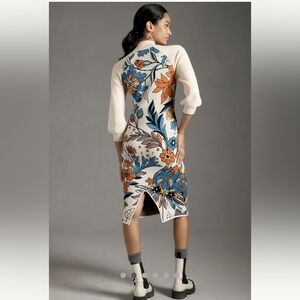 Anthropologie Cream Midi Dress with Blue & Orange Floral Print